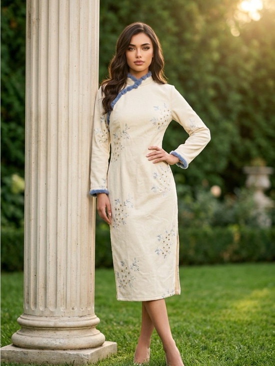 Unbranded Dresses & Skirts - 2162 - Ivory Long-Sleeve Embroidered Cheongsam Dress with Blue Trim